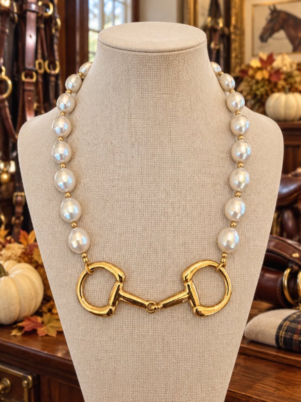 Pearl Horse Bit Necklace, Gold Equestrian Statement Necklace, Horse Lover